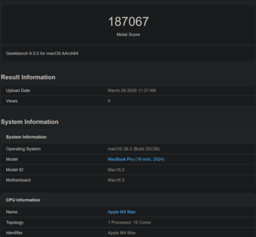 Apple M4 Max Geekbench Metall