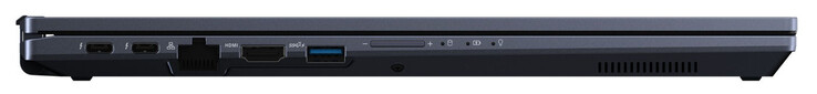 Vänster sida: 2x Thunderbolt 4 (USB-C; Power Delivery, Displayport), Gigabit Ethernet, HDMI, USB 3.2 Gen 2 (USB-A), volymknapp