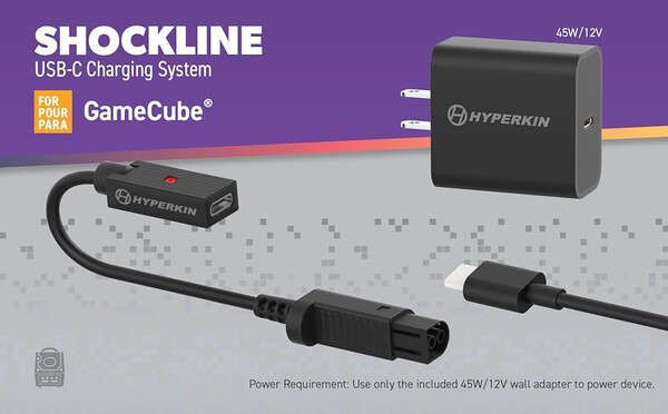 Hyperkin Shockline Kit för GameCube levereras med en 45 W USB-C-adapter.