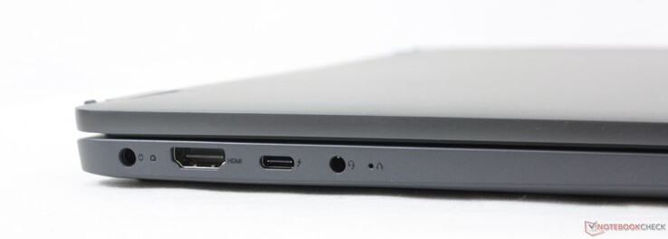 Vänster: AC-adapter, HDMI 1.4b, USB-C 3.2 Gen. 2 med Thunderbolt 4 + DisplayPort + Power Delivery, 3,5 mm headset