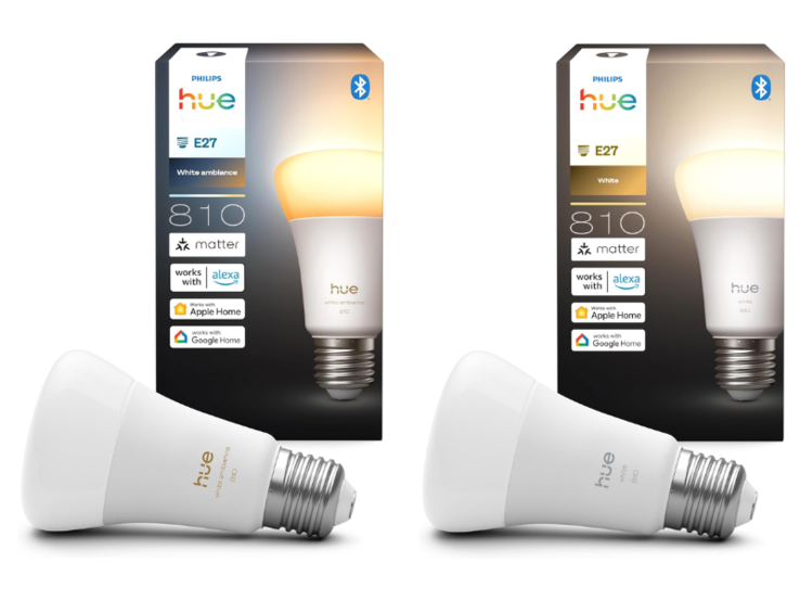 Philips Hue A60 E27 White ambiance (vänster) och White (höger) 810 smarta glödlampor. (Bildkälla: Philips Hue)
