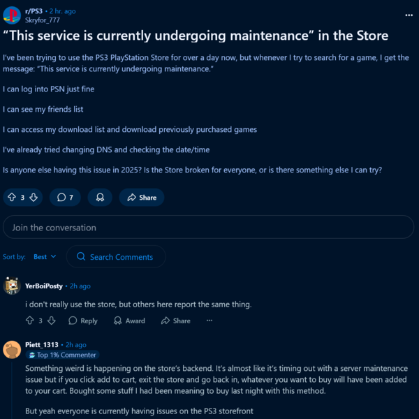 Reddit-inlägg om PS3 PlayStation Store-nedetid (Bildkälla: skärmdump, PlayStation 3 subreddit)