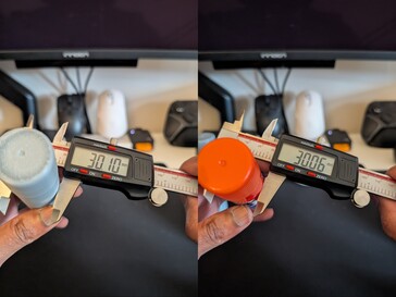 Diameter på 3D-utskriven limstift (vänster) jämfört med originallimstift (höger)