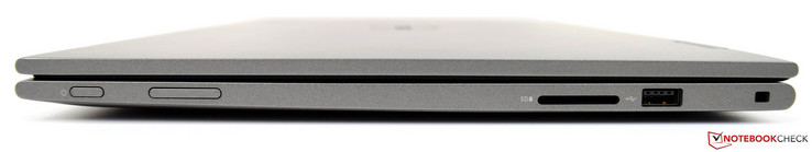 Höger: strömknapp, volymknapp, 3-i-1 SD-kortläsare, USB 2.0, Noble-lås