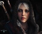 Närbild på Ciri från The Witcher 4 i en reklambild med två svärd i bakgrunden