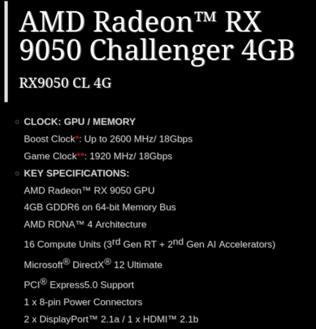 Skärmdump av specifikationssidan för RX 9050 Challenger 4 GB