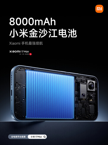 Xiaomi 17 Max har ett batteri på 8 000 mAh.