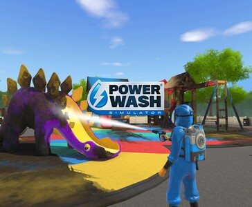 En spelare i PowerWash Simulator rengör en färgglad dinosaurie-rutschkana på en lekplats med hjälp av en högtryckstvätt. (Bildkälla: Square Enix Collective)