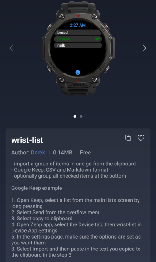 Mini-appen wrist-list för Amazfit-smartklockor
