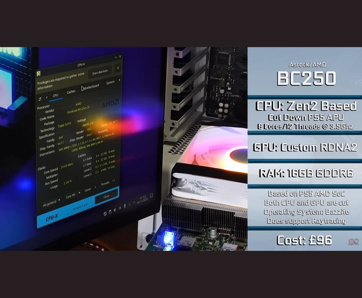 AMD BC250 körs i en stationär installation och visar systemspecifikationer. (Bildkälla: Budget-Builds Official via YouTube)