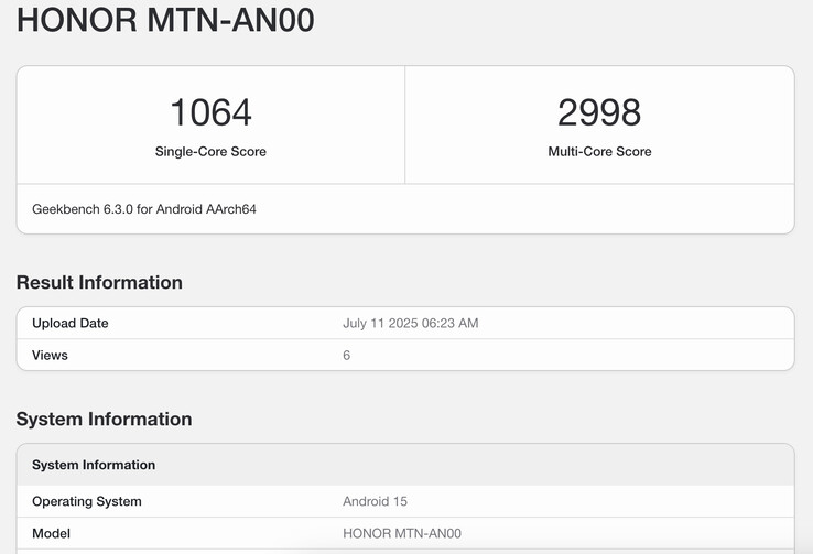 Geekbench 6-listan för Honor X70 avslöjar en föga förvånande prestandapotential. (Bildkälla: Geekbench)