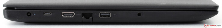 Vänster sida: ström, USB 3.1 typ C, HDMI 1.4, Ethernet (nedfällbar), USB 3.0, Hörlurar/Mikrofon