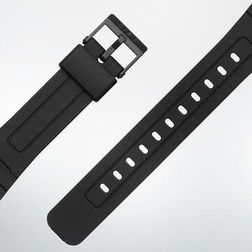Närbild på Casio F-B100W:s armband i plast.