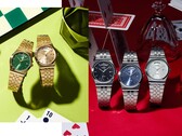 Reklambild som visar Casios MTP-B146-kollektion, med klockor i silver- och guldfärgat rostfritt stål med svarta, ljusblå, gröna och champagnfärgade urtavlor, där varje modell har en välvd veckodagsvisning vid klockan 12.