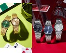 Reklambild som visar Casios MTP-B146-kollektion, med klockor i silver- och guldfärgat rostfritt stål med svarta, ljusblå, gröna och champagnfärgade urtavlor, där varje modell har en välvd veckodagsvisning vid klockan 12.
