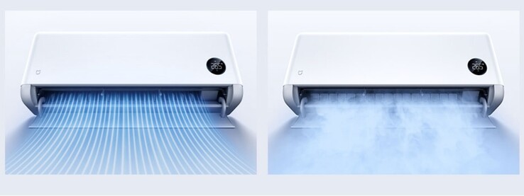 En illustration av Xiaomi Mijia Air Conditioner Powerful Air Pro Ultimate Editions milda bris (höger) jämfört med en typisk modell (vänster)
