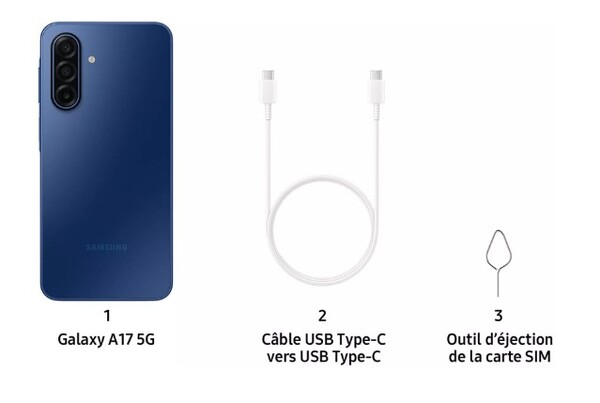 Galaxy A17 5G kommer endast att levereras med en USB-C-kabel och SIM-utmatare. (Bildkälla: Samsung)