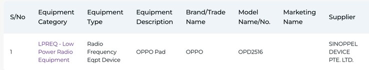 IMDA:s registrering av Oppo-surfplattan med modellnummer ”OPD2516”.