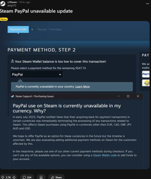 Steam Support-meddelande om att använda PayPal under kassan (Bildkälla: skärmdump, Steam subreddit)