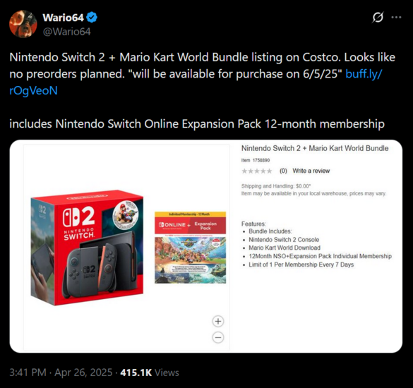 Wario64 Costco Switch 2 Bundle X inlägg (Bildkälla: skärmdump, Wario64 X-konto)