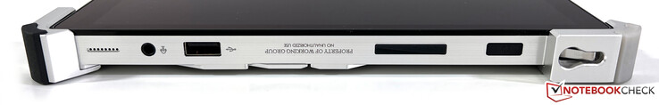 Höger sida: 3,5 mm stereo, USB-A 3.2 Gen.1, volymknapp, strömknapp