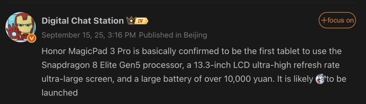 Läckta detaljer om Honor MagicPad 3 Pro. (Bildkälla: Weibo - maskinöversatt)