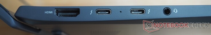 Vänster: HDMI, 2x USB-C 4 (Thunderbolt 4, DisplayPort, Power Delivery), ljud (headset/mikrofon)