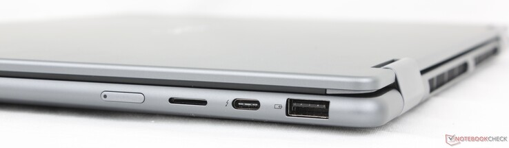 Höger sida: Strömknapp, MicroSD-läsare, USB-C 4.0 med Thunderbolt 4, DisplayPort 2.1 + Power Delivery 3.0, USB-A 3.2 Gen. 1