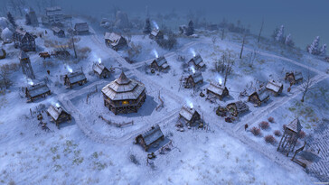 En bild som visar en snötäckt by i Farthest Frontier.