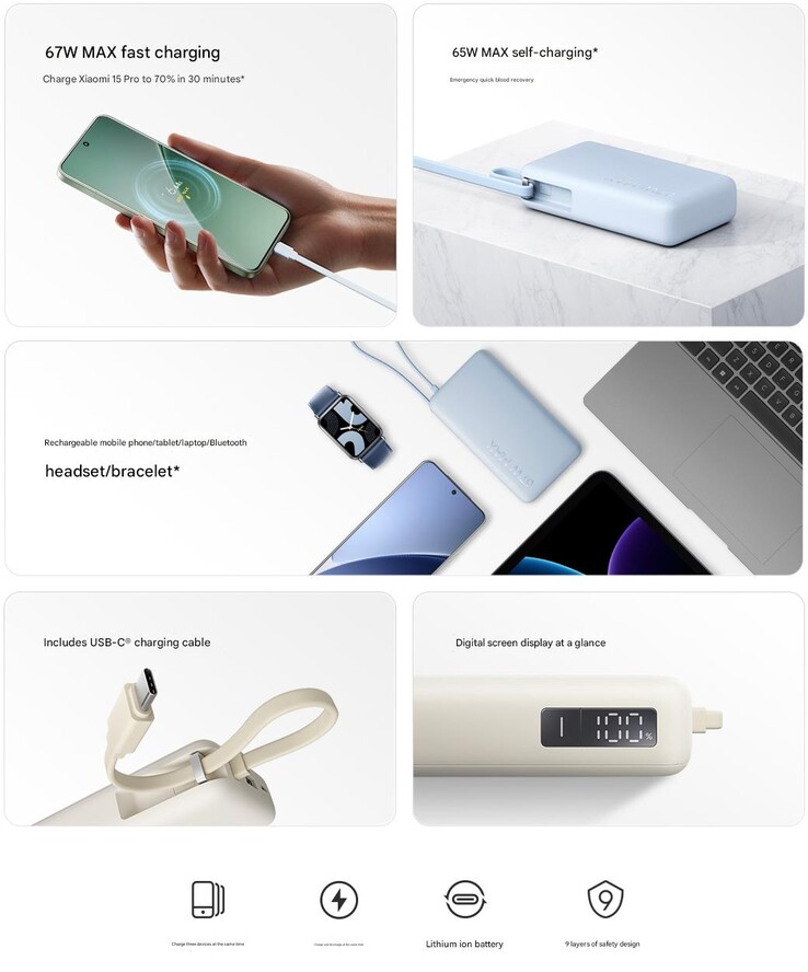 Huvudhöjdpunkterna i den nya Xiaomi 10000 67 W powerbank (Bildkälla: Xiaomi - maskinöversatt)