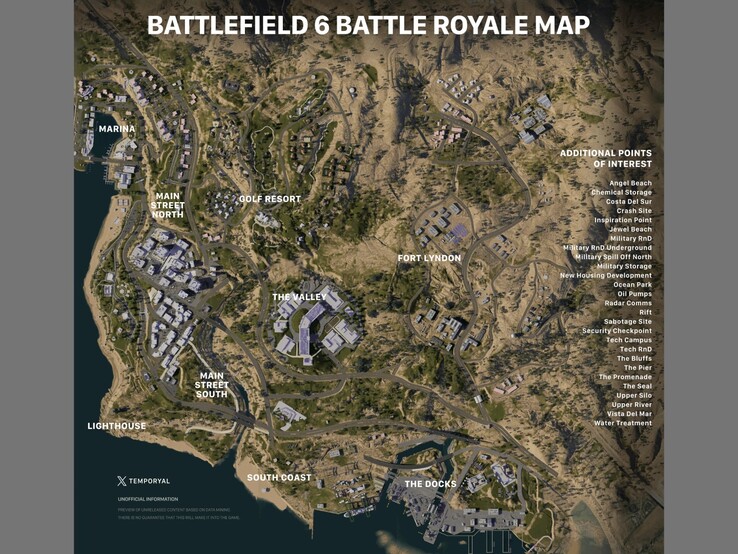Påstådd Battlefield 6 Battle-Royale-karta med platser och intressepunkter. (Bildkälla: Battlefield subreddit, via temporyal)