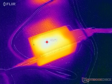 Nätadaptern når över 42 °C vid krävande belastning