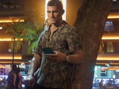 En affisch av GTA VI-protagonisten Jason Duval som använder en telefon