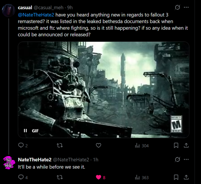 NateTheHate X inlägg om Fallout 3 remaster (Bildkälla: skärmdump, NateTheHate2 X-konto)
