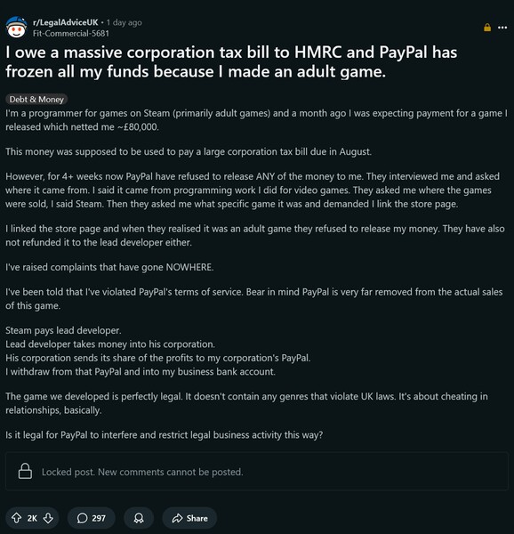 PayPal-tvist med programmerare av vuxenspel Reddit-inlägg (Bildkälla: skärmdump, Legal Advice UK subreddit)
