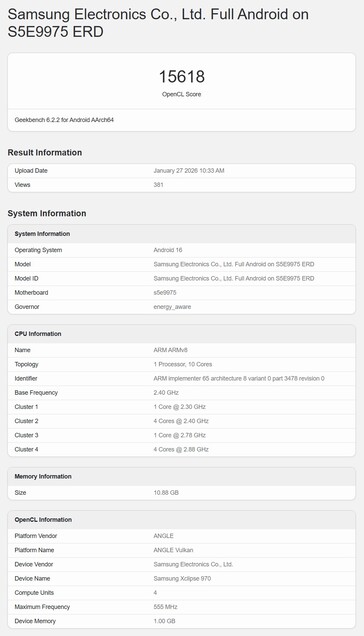 En förmodad Exynos 2700 testas i Geekbench OpenCL-test.