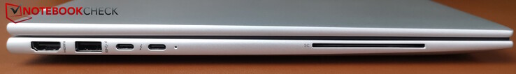 Vänster: HDMI 2.1, USB-A (5 Gbps), 2x USB-C Thunderbolt 4 med PD och DP (40 Gbps)