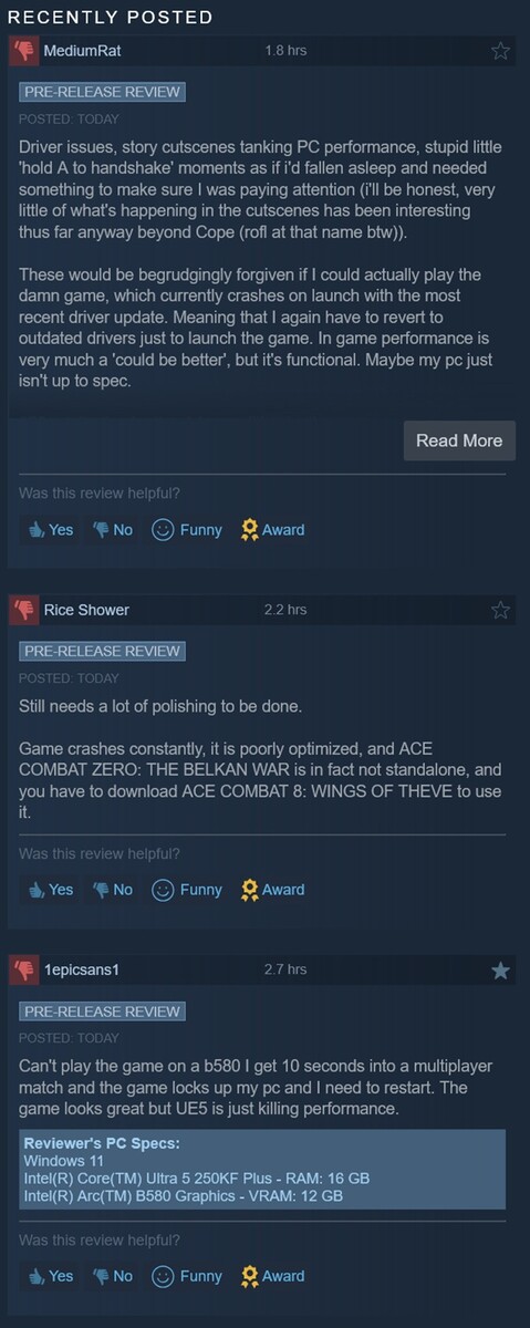 Negativa Steam-recensioner för Ace Combat 8: Wings of Theve visas