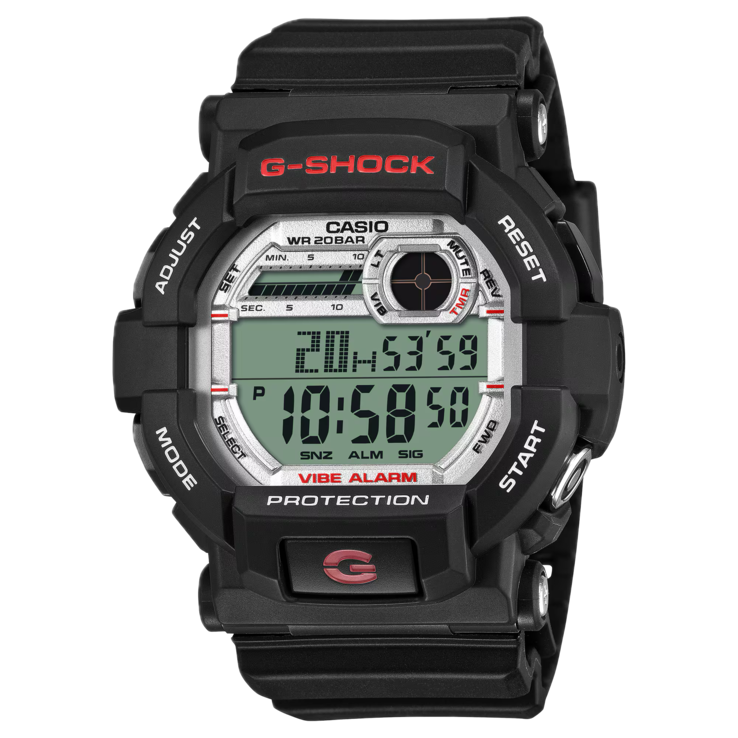Framsidan av G-Shock GD-350S som visar dess svarta boett och digitala display.