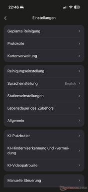 Meny med många inställningar