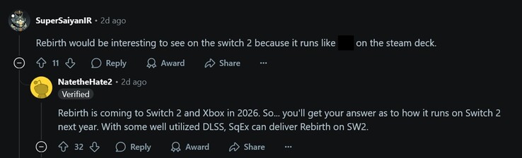 NateTheHate2 läcker på Final Fantasy 7 Rebirth Switch 2 och Xbox släppdatum (Bildkälla: skärmdump, GamingLeaksandRumours suvbreddit)