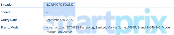 IMEI-databaslista för en Nothing-telefon med modellnummer A069P (Bildkälla: Smartprix)