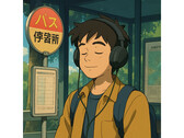 En AI-genererad illustration i stil med verk från Studio Ghibli. Den visar en ung man som sitter lugnt på en busstation medan han lyssnar på musik. (Bildkälla: Genererad med ChatGPT)
