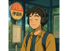 En AI-genererad illustration i stil med verk från Studio Ghibli. Den visar en ung man som sitter lugnt på en busstation medan han lyssnar på musik. (Bildkälla: Genererad med ChatGPT)
