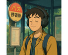 En AI-genererad illustration i stil med verk från Studio Ghibli. Den visar en ung man som sitter lugnt på en busstation medan han lyssnar på musik. (Bildkälla: Genererad med ChatGPT)