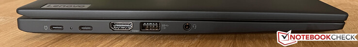 Vänster: 2x USB-C 4.0 (40 GBit/s, Power Delivery 3.0, DisplayPort Alt Mode 1.4), HDMI 2.1, USB-A 3.2 Gen.1 (5 GBit/s, strömförsörjd), 3,5 mm ljud