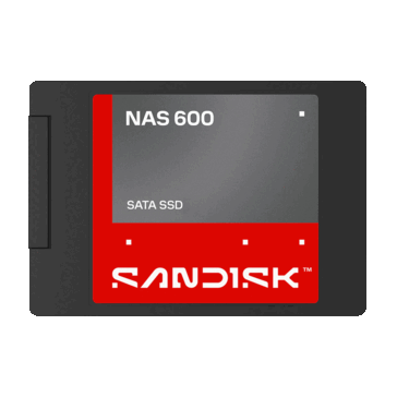 SanDisk NAS 600 2,5-tums SATA SSD-enhet med en röd och grå etikett