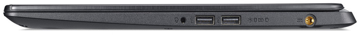 Höger: kombinerad ljudanslutning, 2x USB 2.0 (Typ A), nätadapter