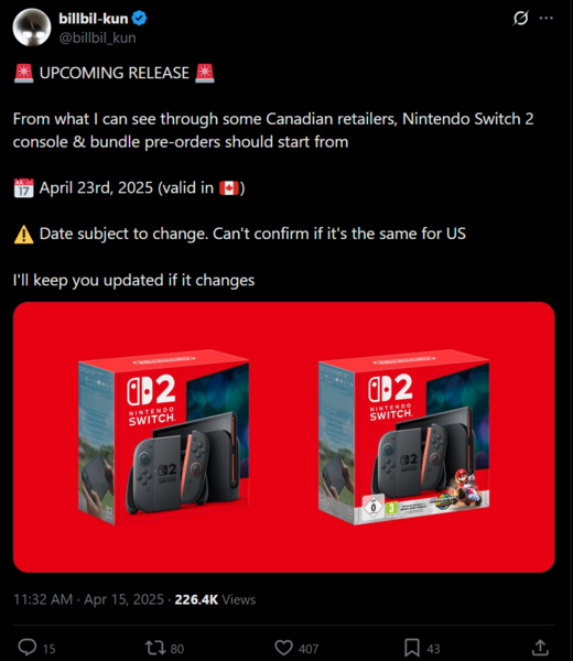 Billbil-kun Kanada Switch 2 förbeställningsuppdatering X-post (Bildkälla: Billbil-kun X-konto)