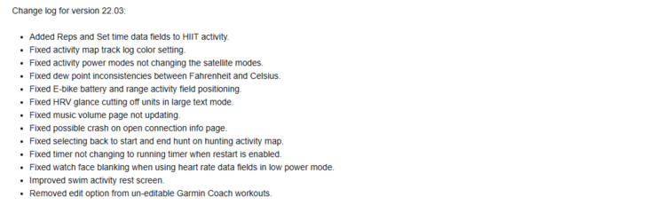 Release Notes för Garmin betaversion 22.03 uppdatering för Fenix 7. (Bildkälla: Garmin)